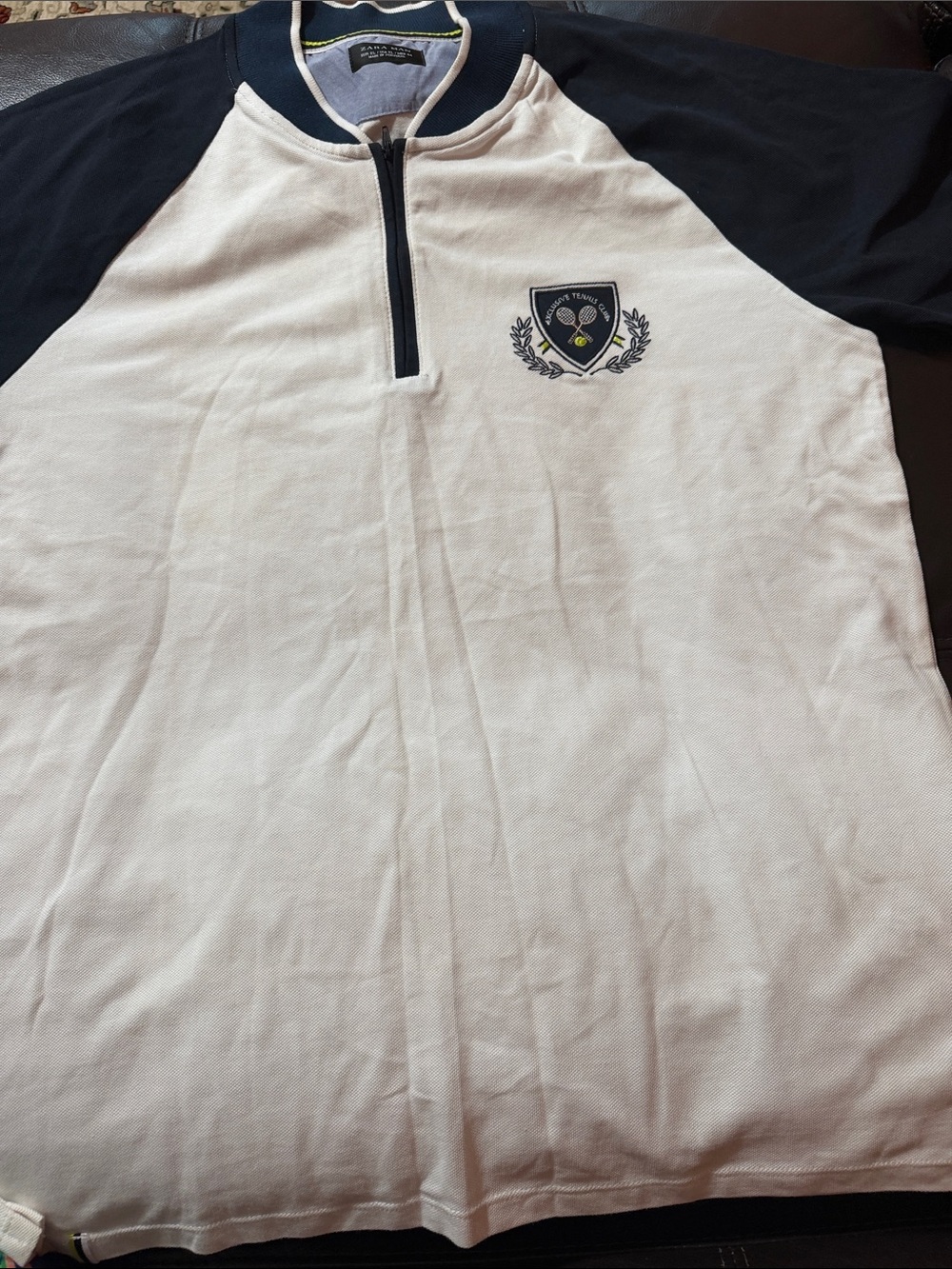 Zara White and Navy Raglan Half-Zip Polo with Tennis Crest